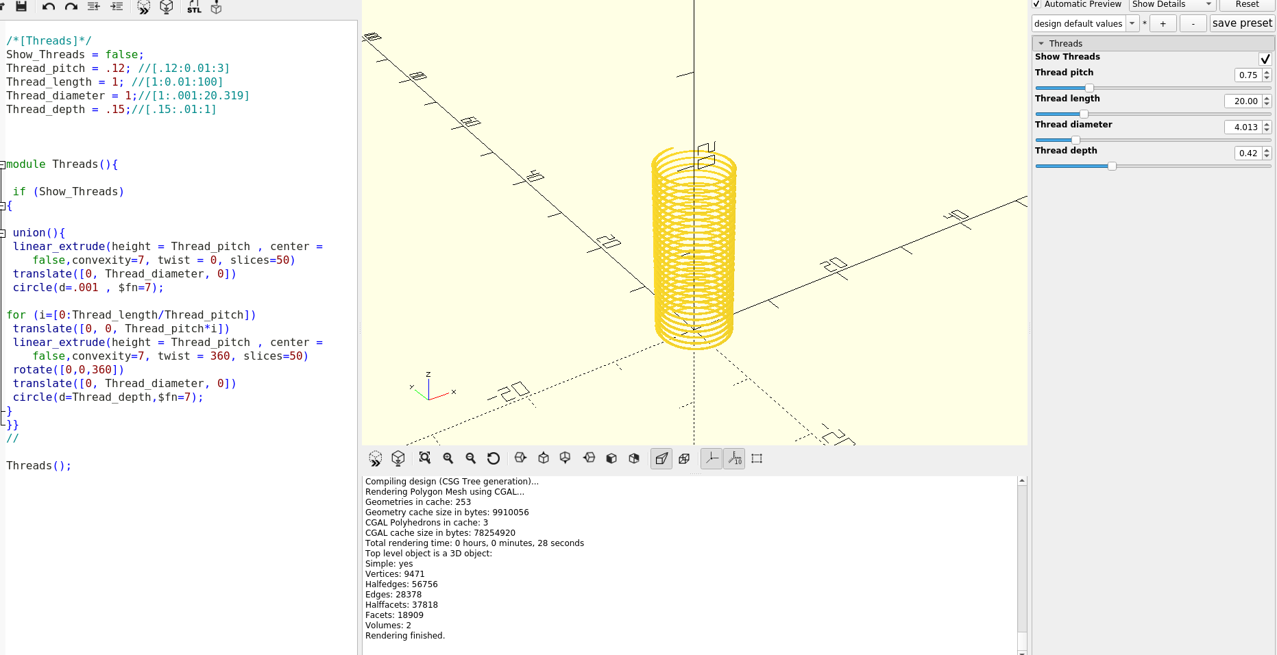 3D part design with OpenScad # 9: adding a thread module