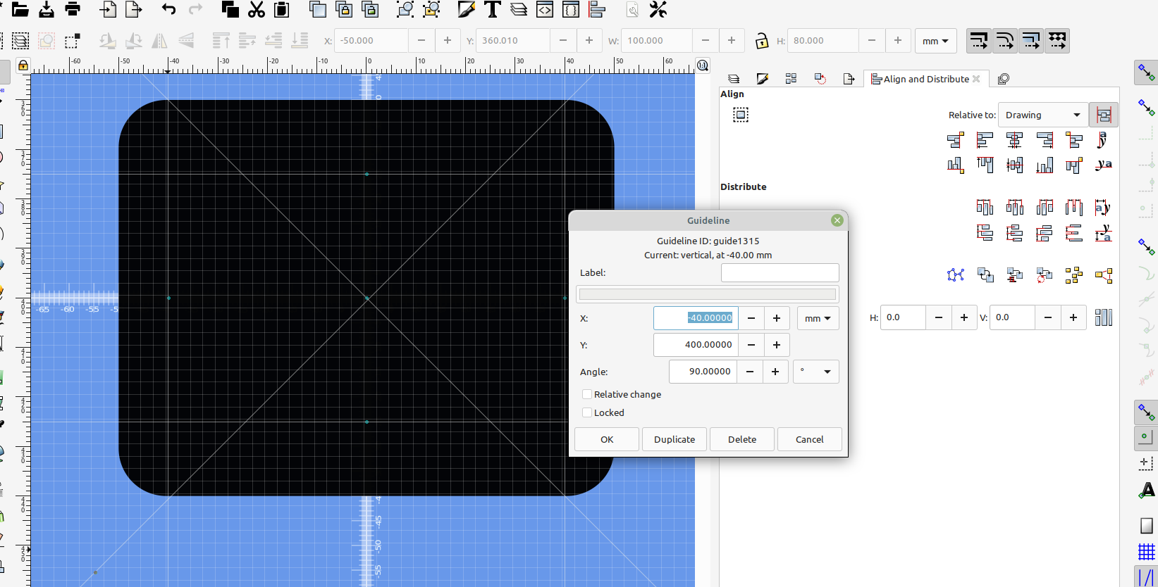 3D part design with Inkscape and OpenSCAD #75: using guidelines for precise object positioning.