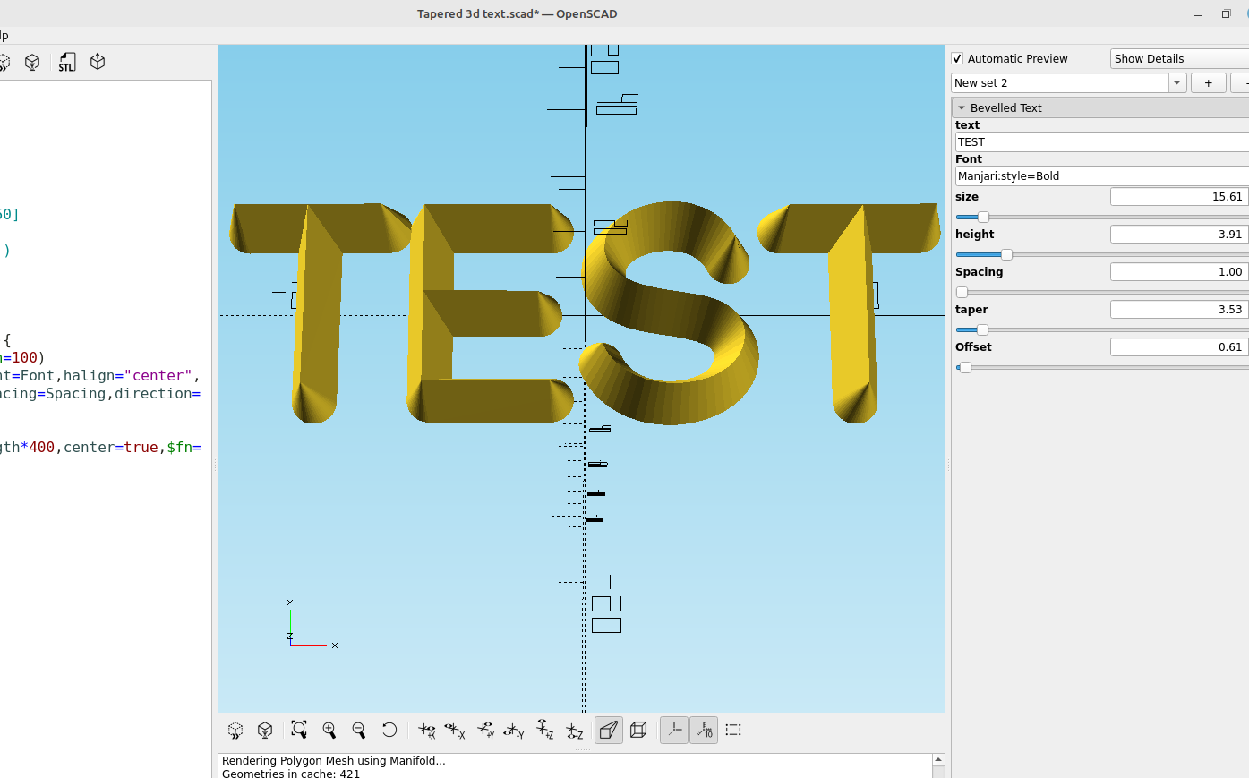 3D part design with OpenSCAD #78: Easy tapered 3d text using roof()