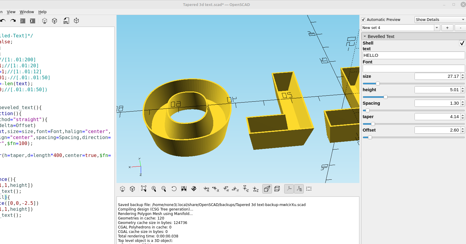 3D part design with OpenSCAD # 79: Adding shell to the tapered text module.
