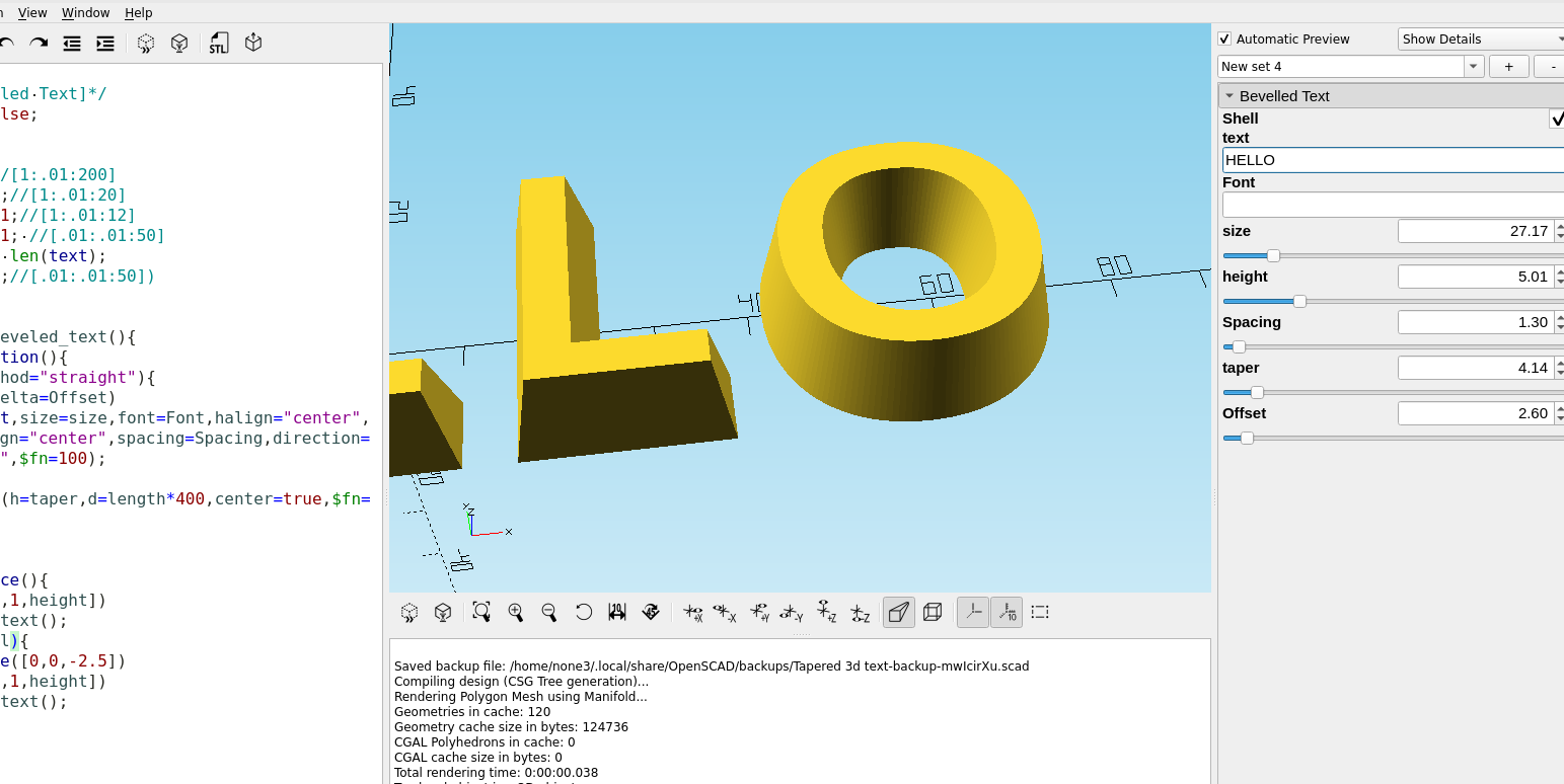 3D part design with OpenSCAD # 79: Adding shell to the tapered text module.