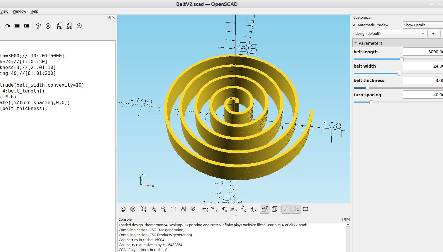 3d part design with OpenSCAD #135: Flat spiral code to make a print in place belt.