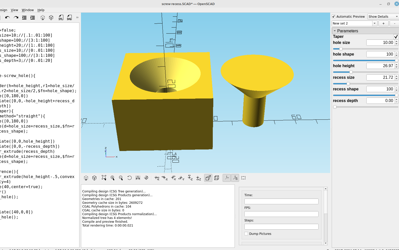 3D part design with OpenSCAD #101: Using roof to make a tapered countersink screw hole.