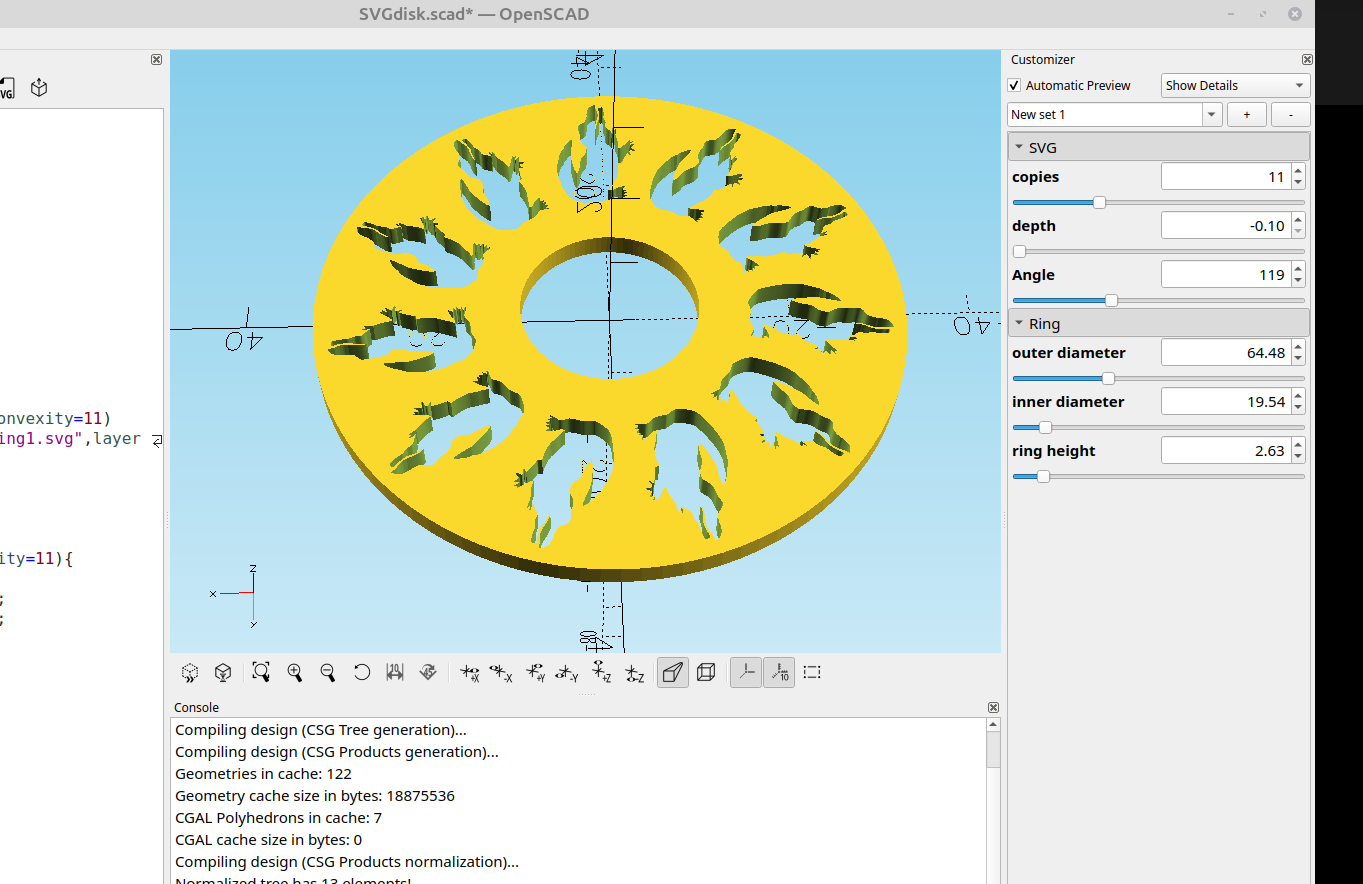 3D part design with Inkscape and OpenSCAD #109: adding SVG import capability to the slotted disk module.