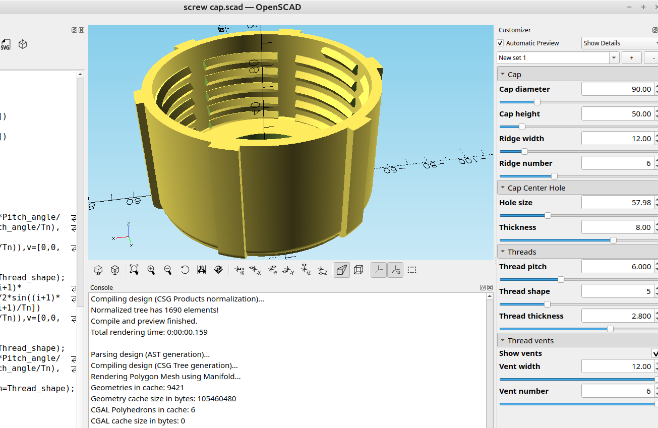 3D part design with OpenSCAD #133: Customizable vented screw cap.