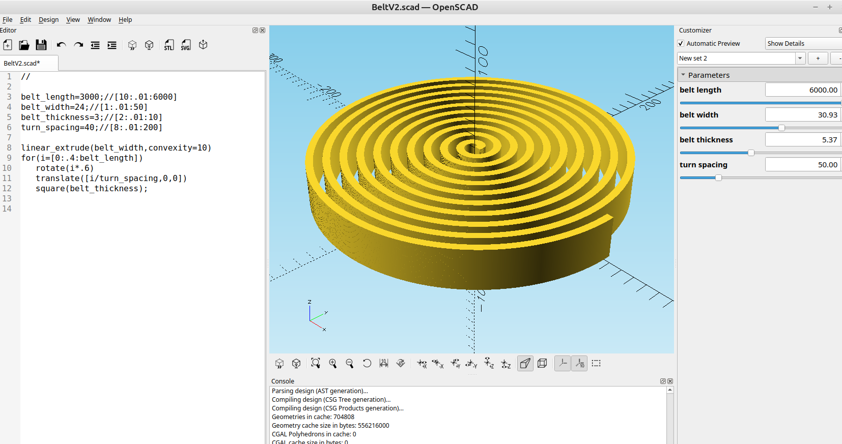 3d part design with OpenSCAD #135: Flat spiral code to make a print in place belt.