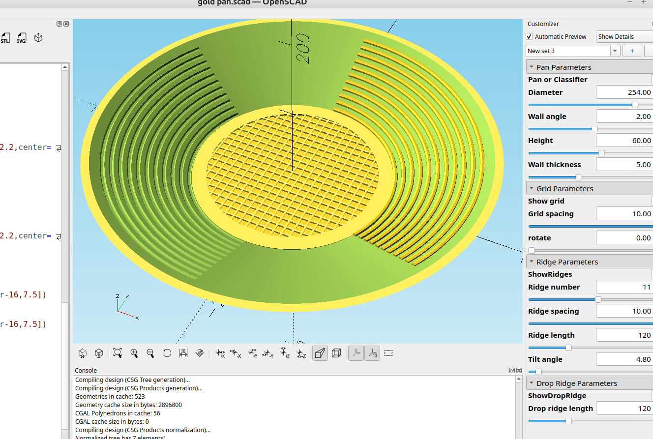 3D part design with openSCAD #143: Gold pan with the option to also make it a classifier .