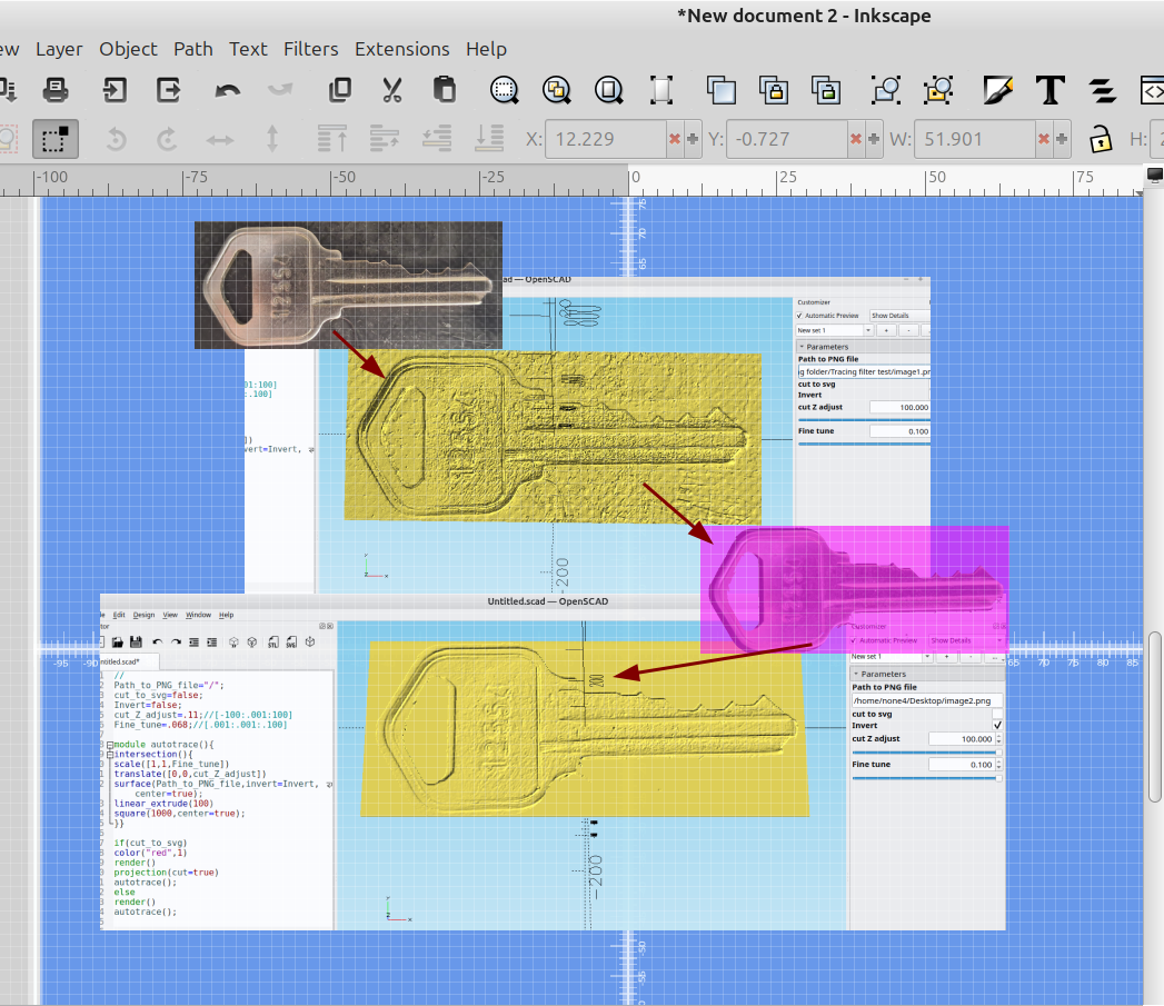 3D part design with Inkscape and OpenSCAD #147 : Experimenting with transparent overlays to get better traces from the auto trace module.